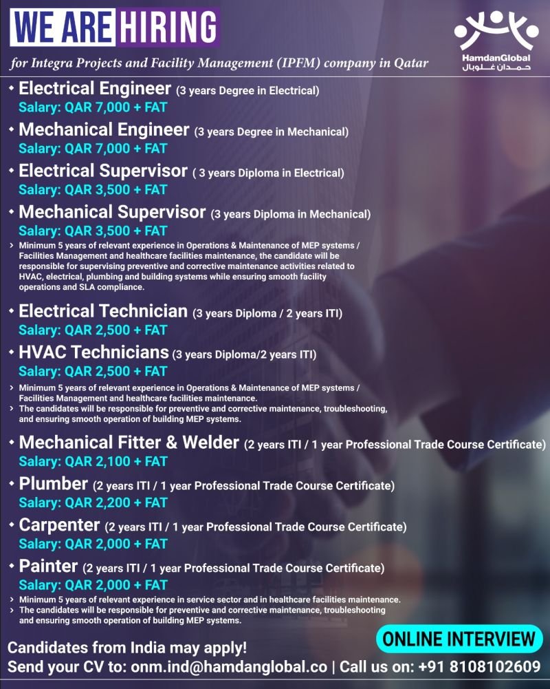 hiring for Integra Projects and Facility Management (IPFM) Company in Qatar