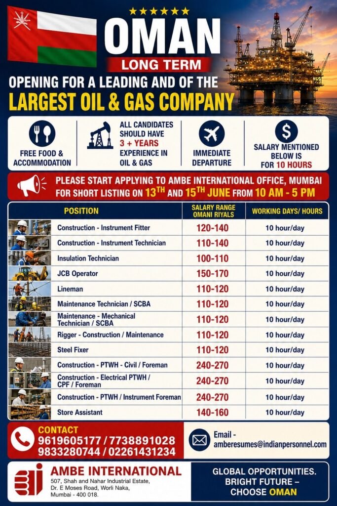 Urgent Hiring for Oman – Long-Term Oil & Gas Project 