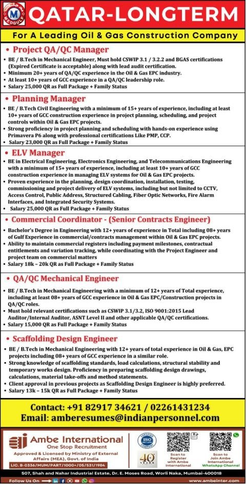 Urgent Hiring for Qatar – Long-Term Opportunity in Oil & Gas EPC Projects 