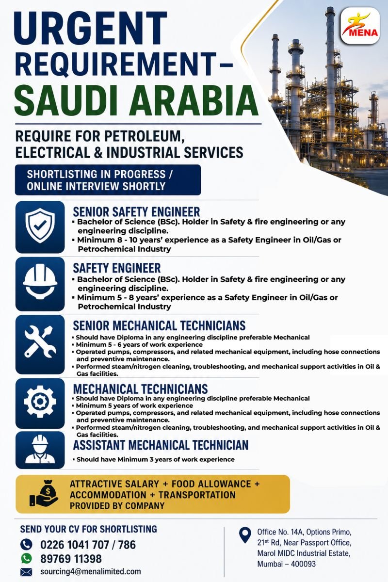 Saudi Arabia : hiring for Petroleum, Electrical & Industrial Services 
