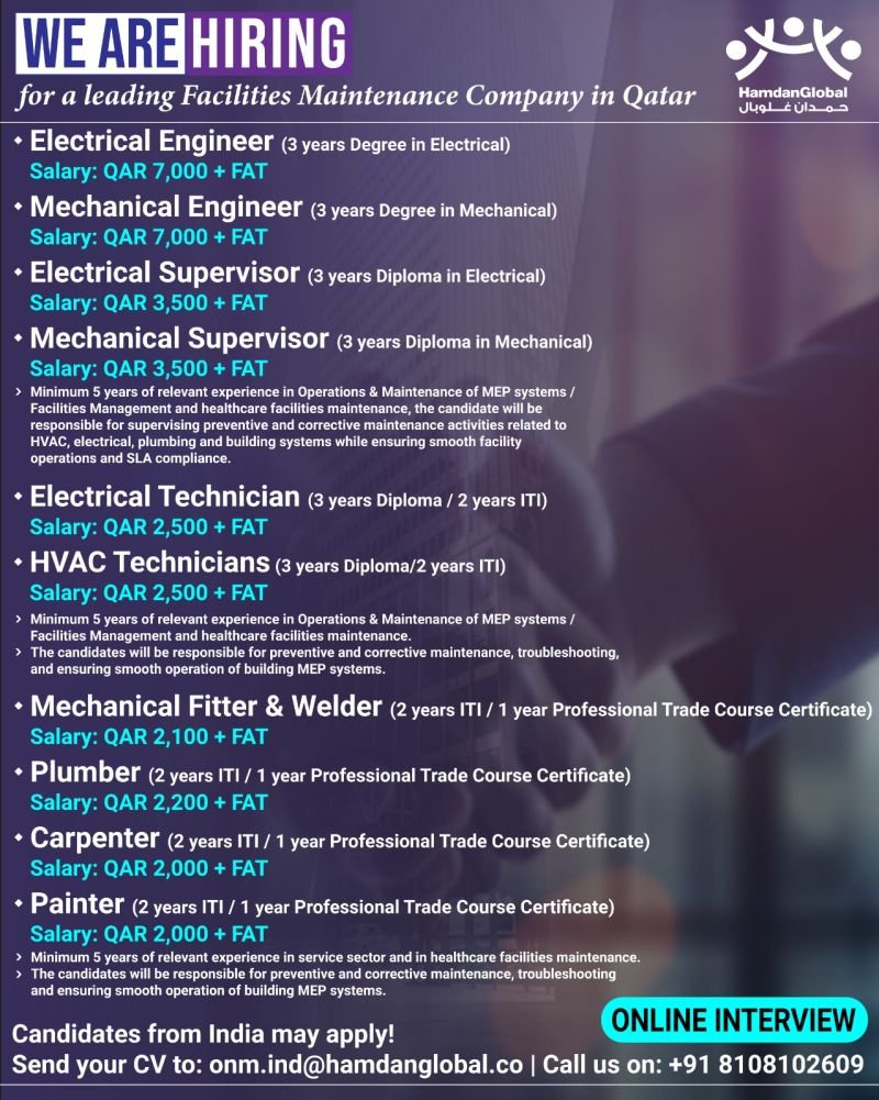 Qatar - hiring for a leading Facilities Maintenance Company - Online Interview