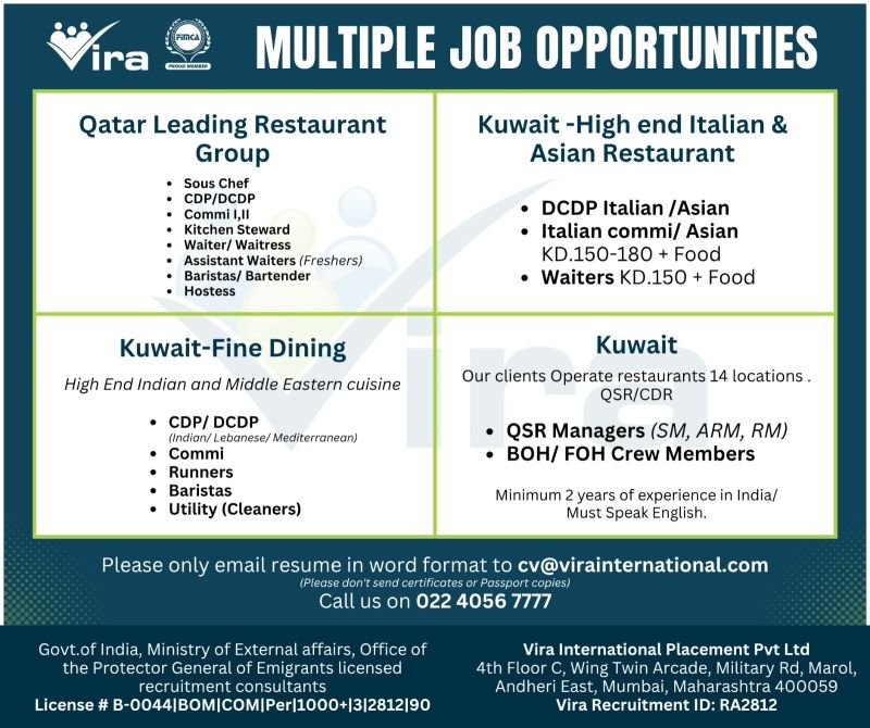 hiring for multiple roles across premier restaurants in Qatar and Kuwait. hiring for multiple roles across premier restaurants in Qatar and Kuwait.
