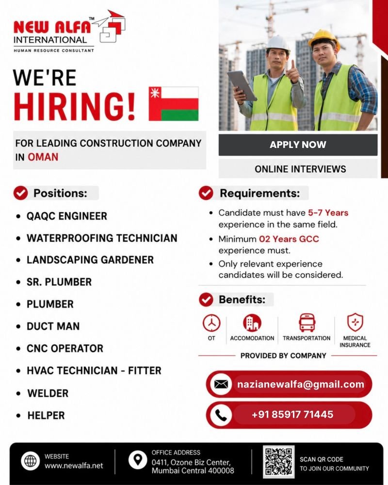 Oman Construction Jobs 2026 – QA/QC Engineer, Plumber, HVAC Technician & More | Online Interviews