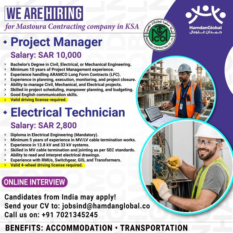 hiring for Mastoura Contracting Company in Saudi Arabia