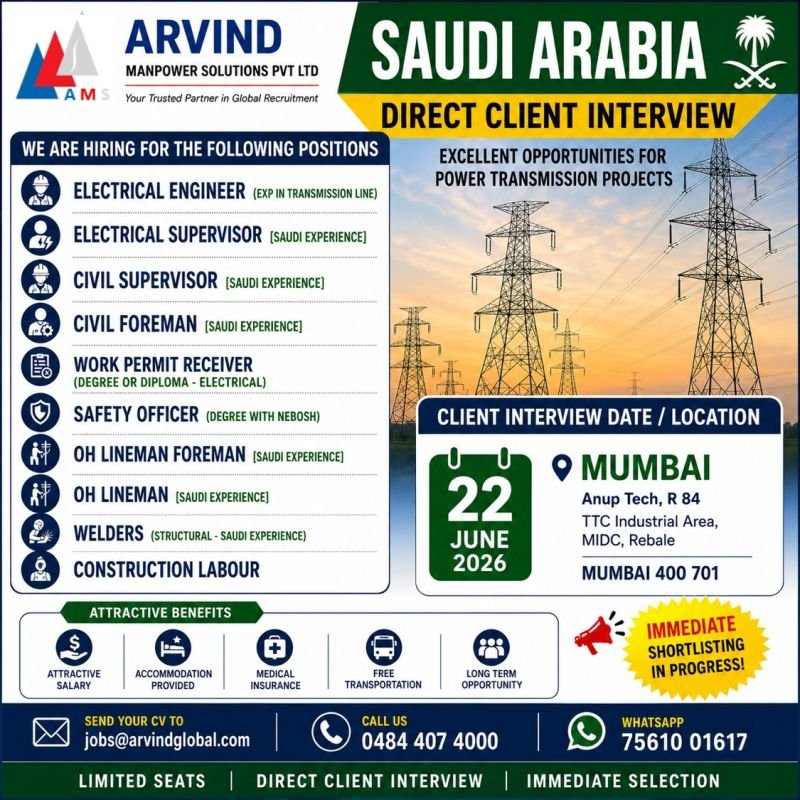 Immediate hiring for Saudi Arabia - Power Transmission Project