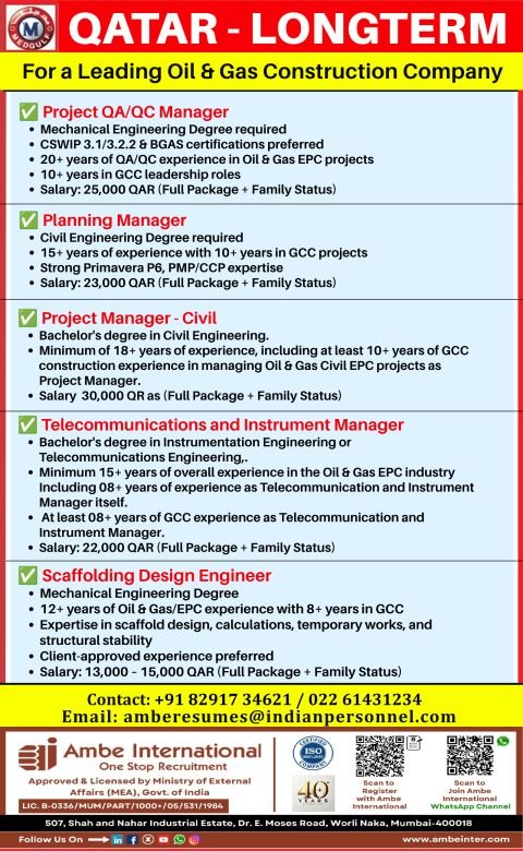 Qatar - LongTerm Jobs for A leading Oil & Gas Construction Company
