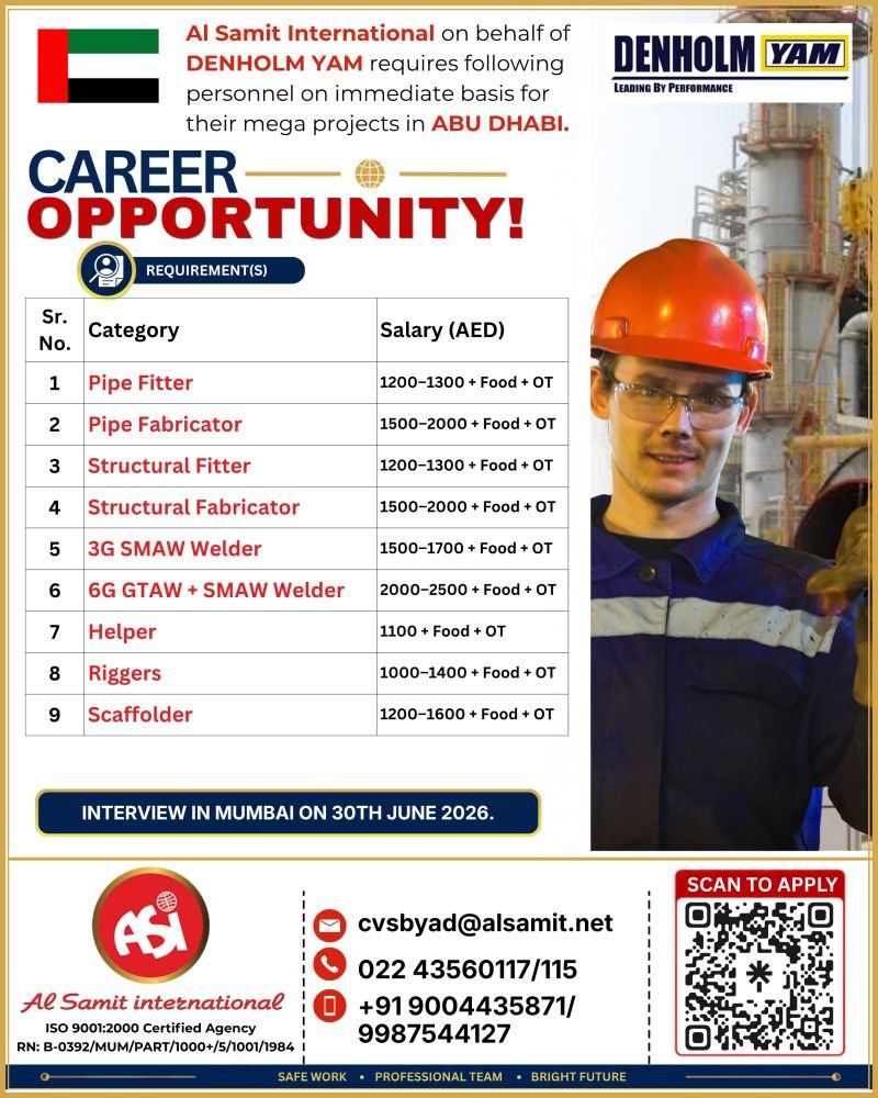 Urgent Hiring Abu Dhabi UAE | DENHOLM YAM Mega Projects 