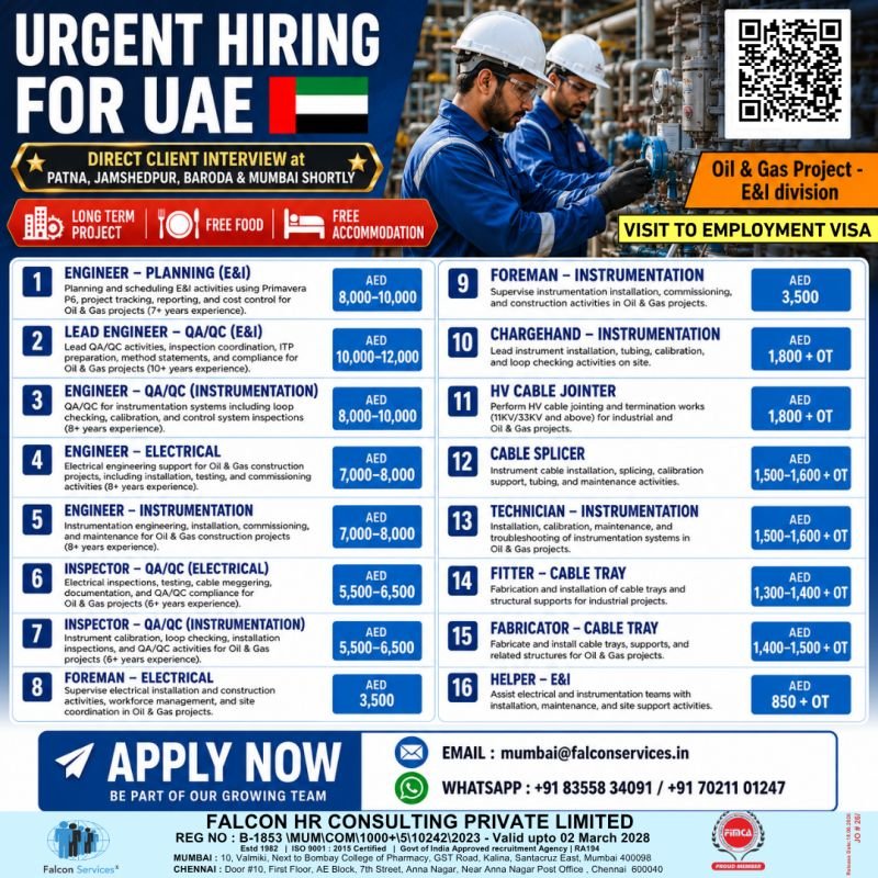 UAE Oil & Gas E&I Division Jobs 2026 – Free Recruitment | Direct Client Interview UAE Oil & Gas E&I Division Jobs 2026 – Free Recruitment | Direct Client Interview