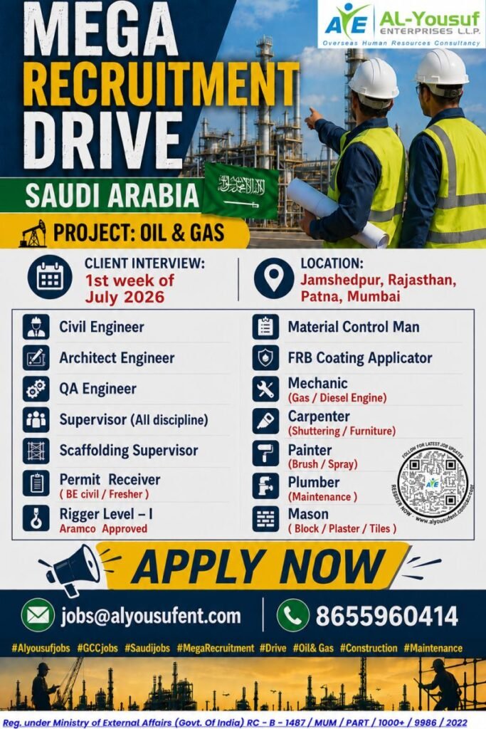 Saudi Arabia Oil & Gas Jobs 2026 – Mega Recruitment Drive for Engineers, Supervisors & Skilled Trades Saudi Arabia Oil & Gas Jobs 2026 – Mega Recruitment Drive for Engineers, Supervisors & Skilled Trades