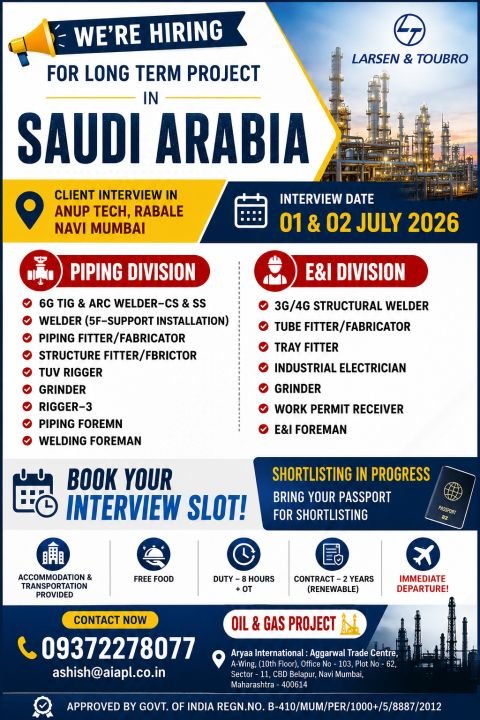 Larsen & Toubro Saudi Arabia Jobs 2026 – Long-Term Oil & Gas Project Vacancies
