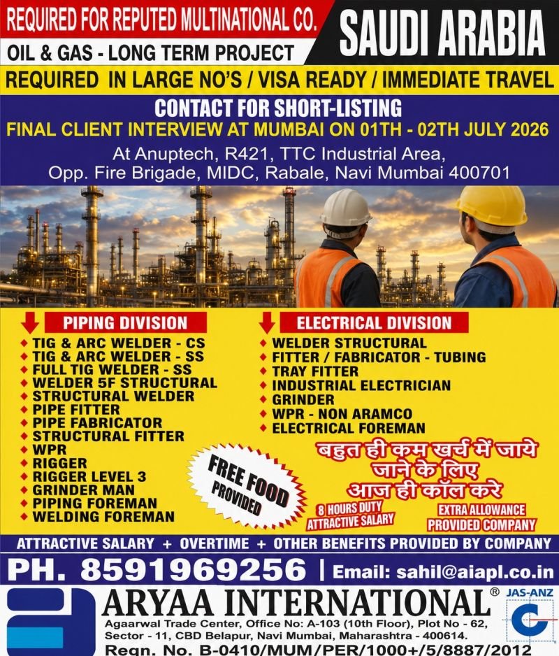 Saudi Arabia : Urgent Recruitment For Multinational Company