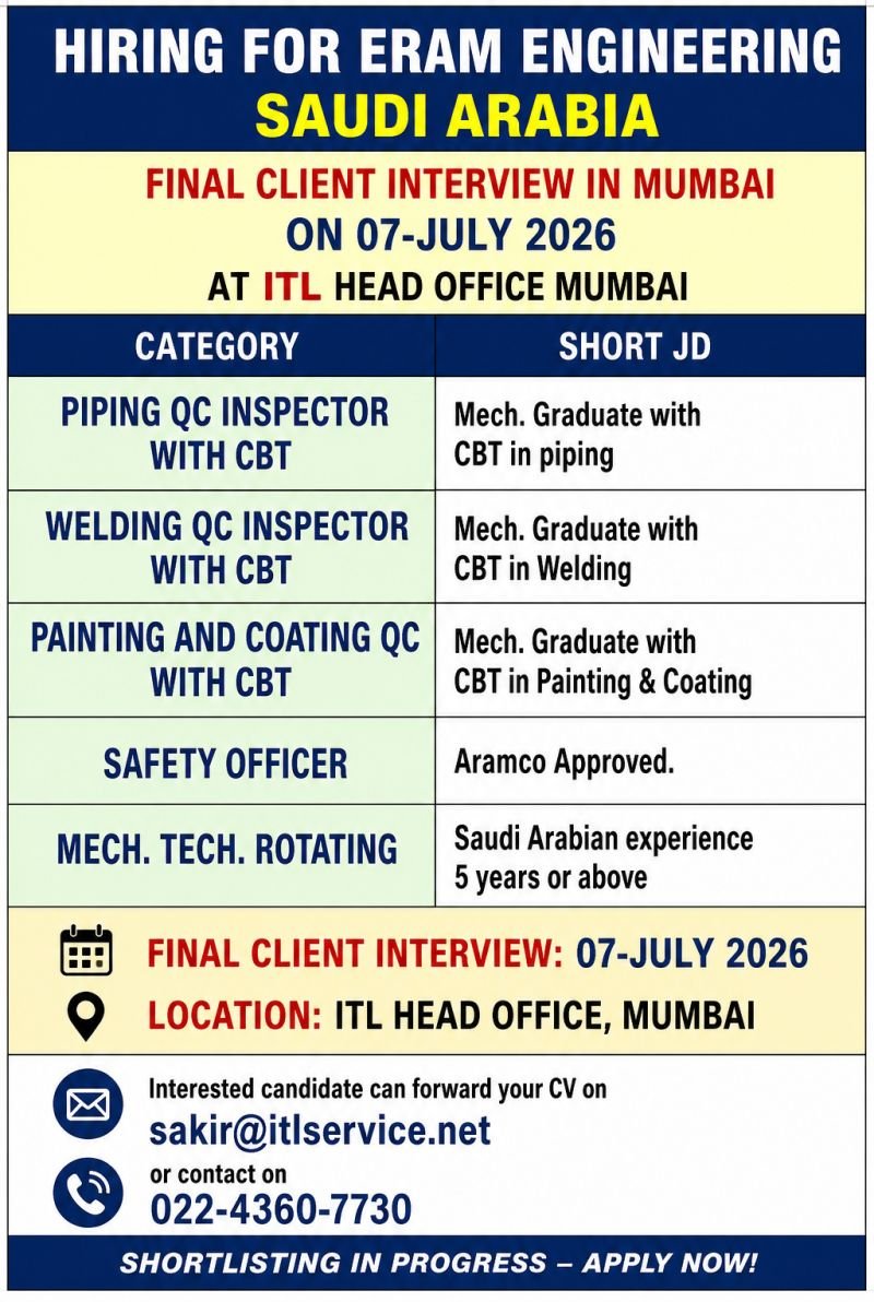 Hiring For Eram Engineering in Saudi Arabia