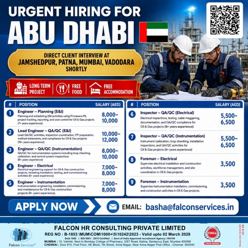 UAE Abu Dhabi Oil & Gas E&I Project Jobs 2026 – Engineers, QA/QC Inspectors and Foreman Vacancies