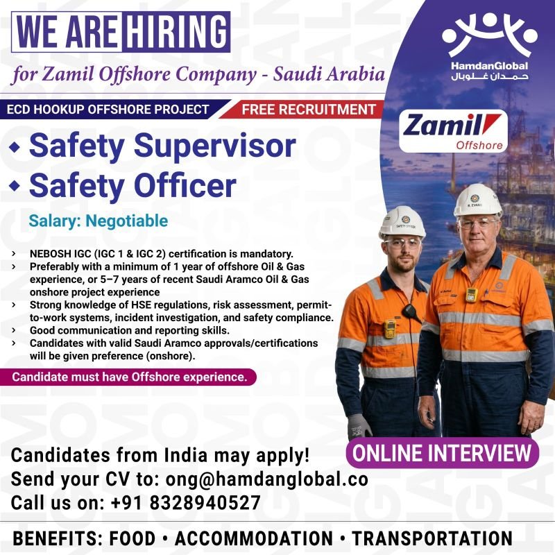 Urgently hiring for Zamil Offshore Company - Saudi Arabia