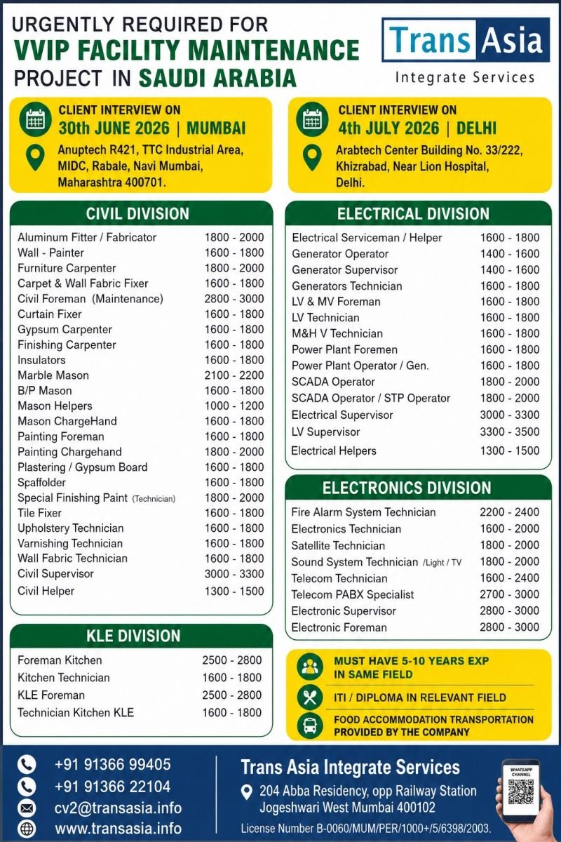 Saudi Arabia Jobs 2026 – Hiring For for the VVIP Facility Maintenance Project
