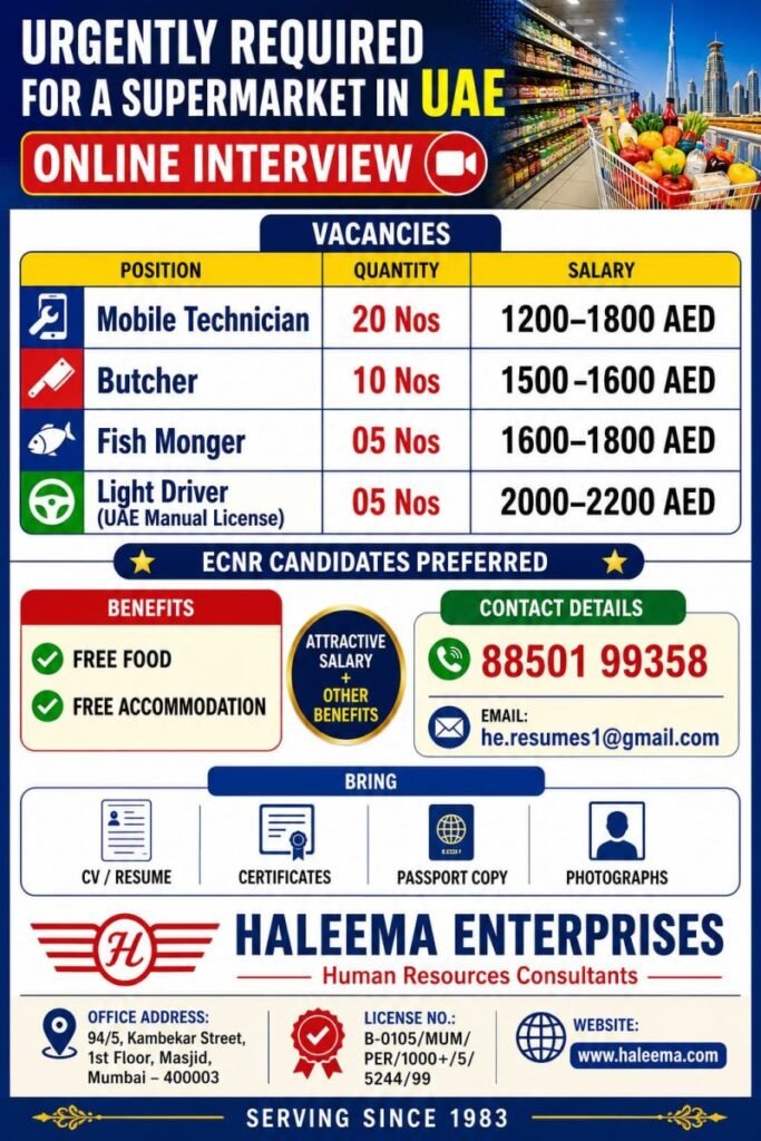 Urgently Hiring for a Leading Supermarket in UAE | Online Interview