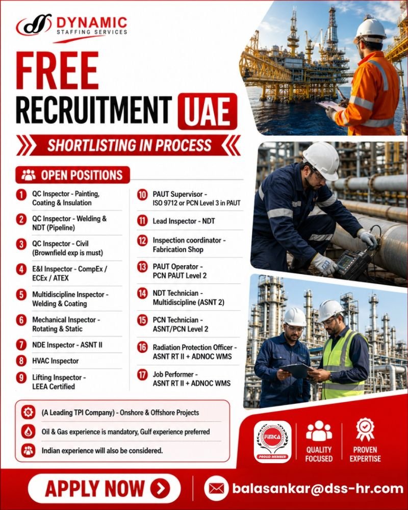 UAE Oil & Gas Jobs 2026 – Free Recruitment for Onshore and Offshore Projects 