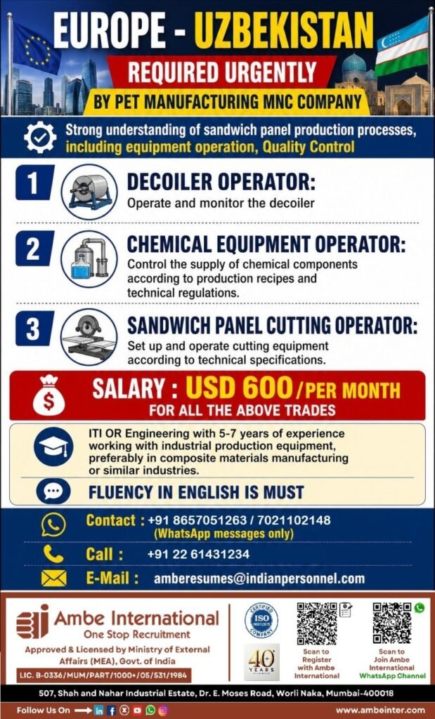 Europe – Uzbekistan | Urgent Hiring for PET Manufacturing MNC 
