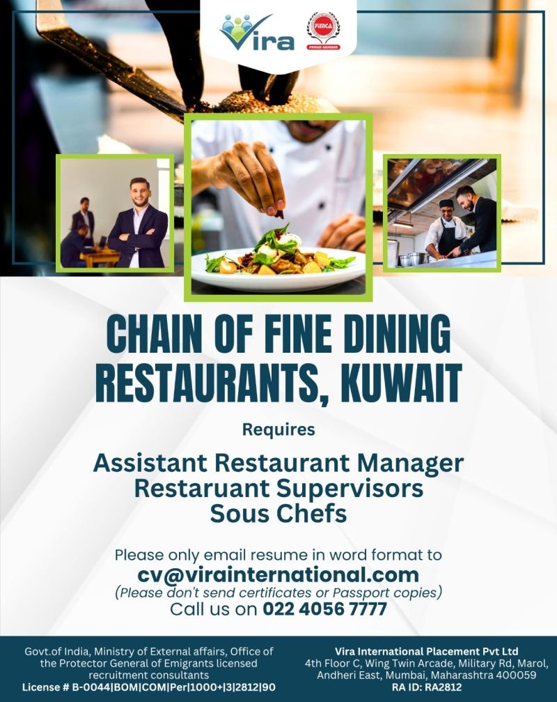 Hiring for A premier Chain of Fine Dining Restaurants in Kuwait 