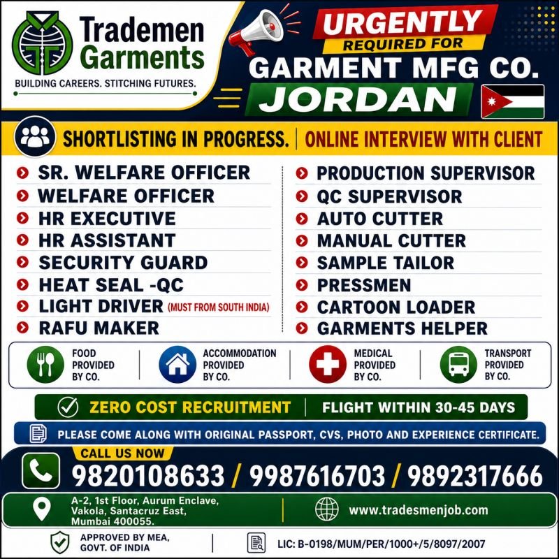 Jordan Garment Factory Jobs 2026 – Zero Cost Recruitment | Online Interview 