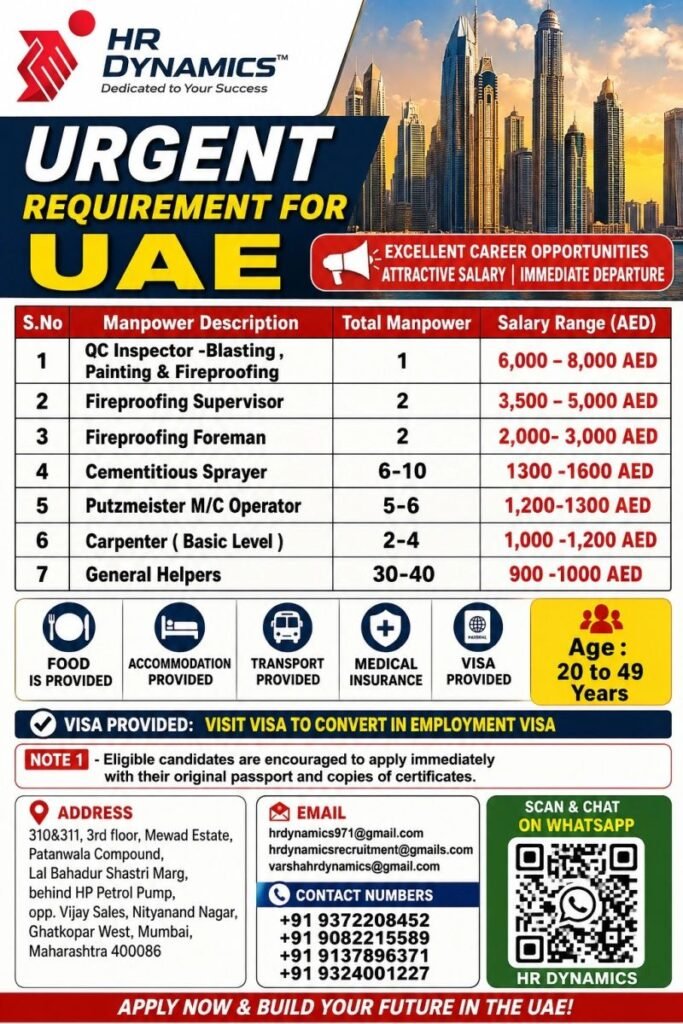 UAE Jobs 2026 – Immediate Hiring for Reputed Company