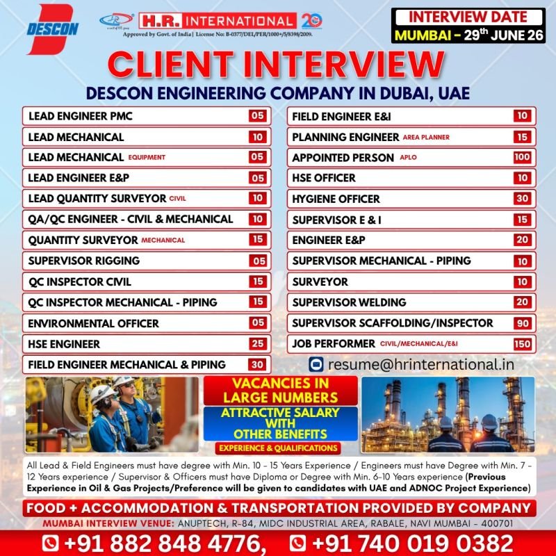 Hiring For DESCON Engineering in UAE Hiring For DESCON Engineering in UAE