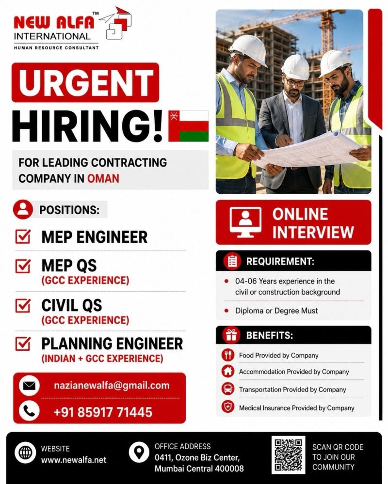 Oman MEP Jobs 2026 – Leading Contracting Company Hiring | Online Interview