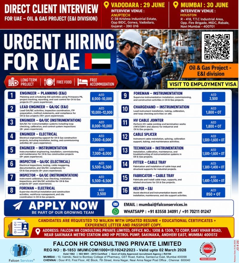UAE Oil & Gas E&I Jobs 2026 – Direct Client Interview | Free Food & Accommodation