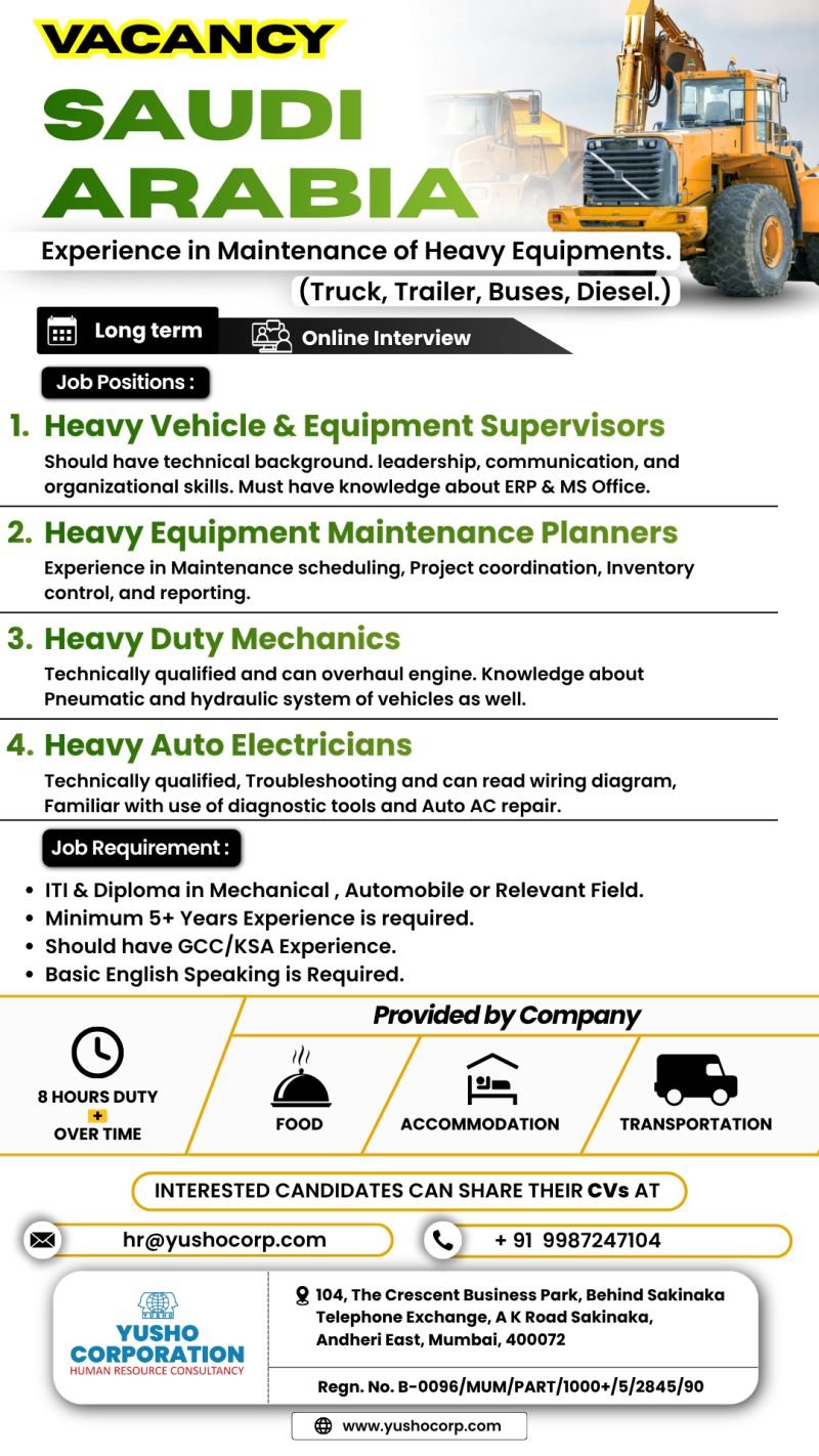 Hiring for Saudi Arabia – Heavy Equipment Maintenance Professionals!
