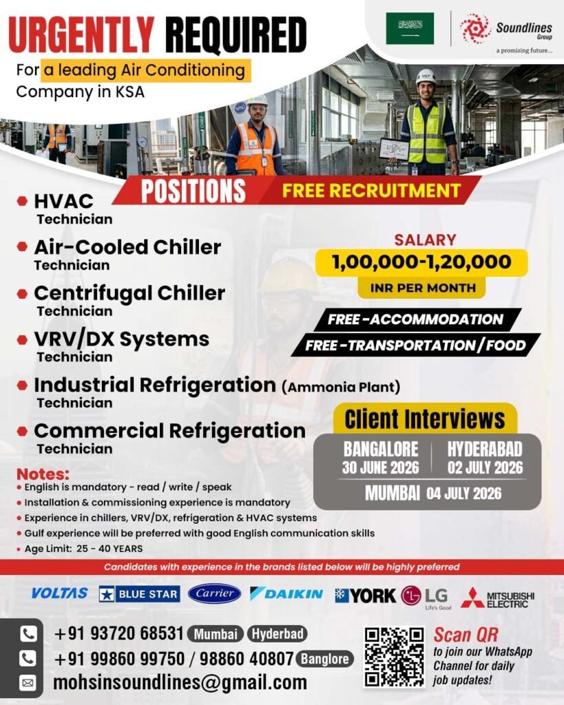 Saudi Arabia : Hiring For a leading Air Conditioning Company in KSA