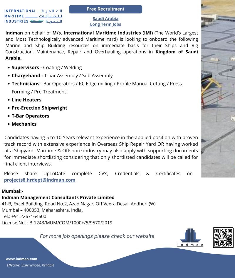 Free Recruitment for Saudi Arabia Long Term Jobs - International Maritime Industries (IMI)