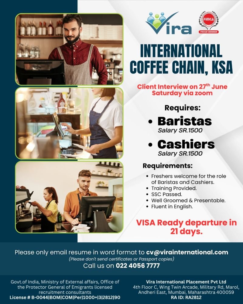 Hiring For leading coffee chain in Saudi Arabia.