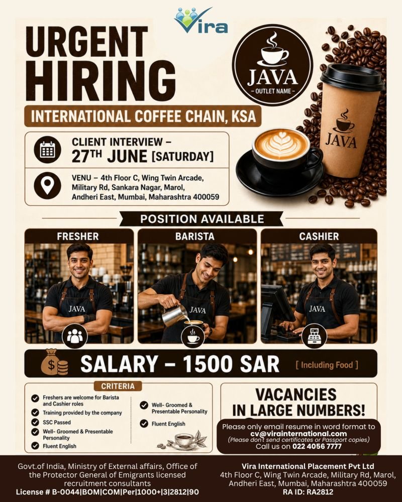 hiring in large numbers for an upcoming international coffee chain in Saudi Arabia.