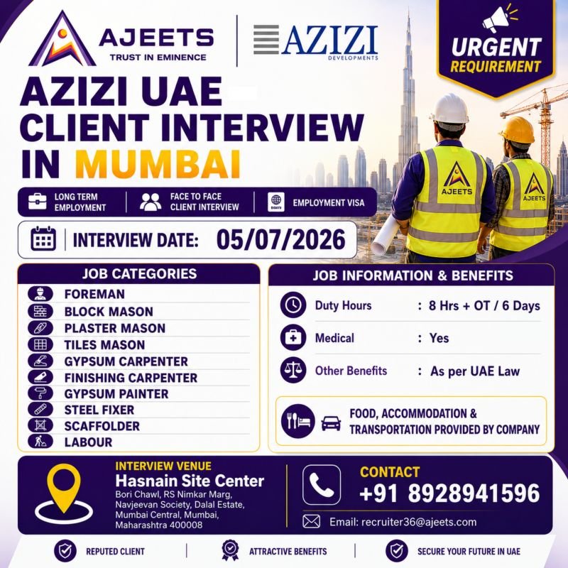 Urgent Hiring for Azizi UAE 