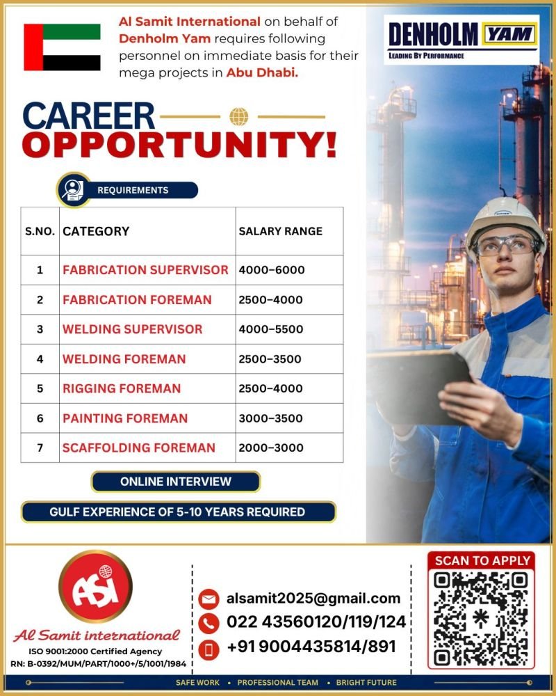 UAE - Hiring For Denholm Yam for mega projects in Abu Dhabi.