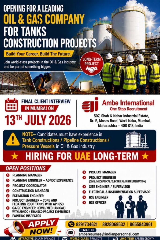 UAE - Hiring For world-class Tank Construction Projects