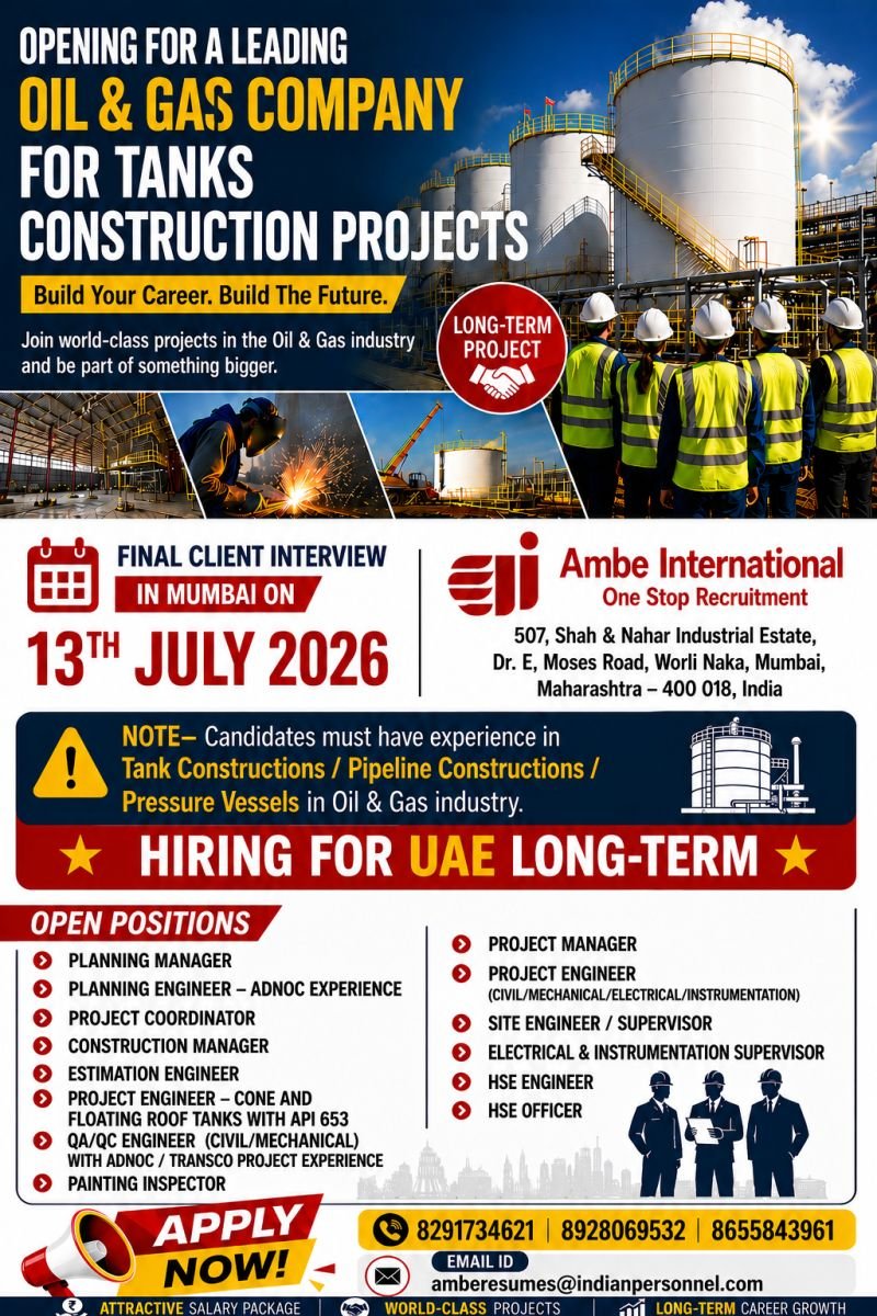 UAE - Hiring For world-class Tank Construction Projects