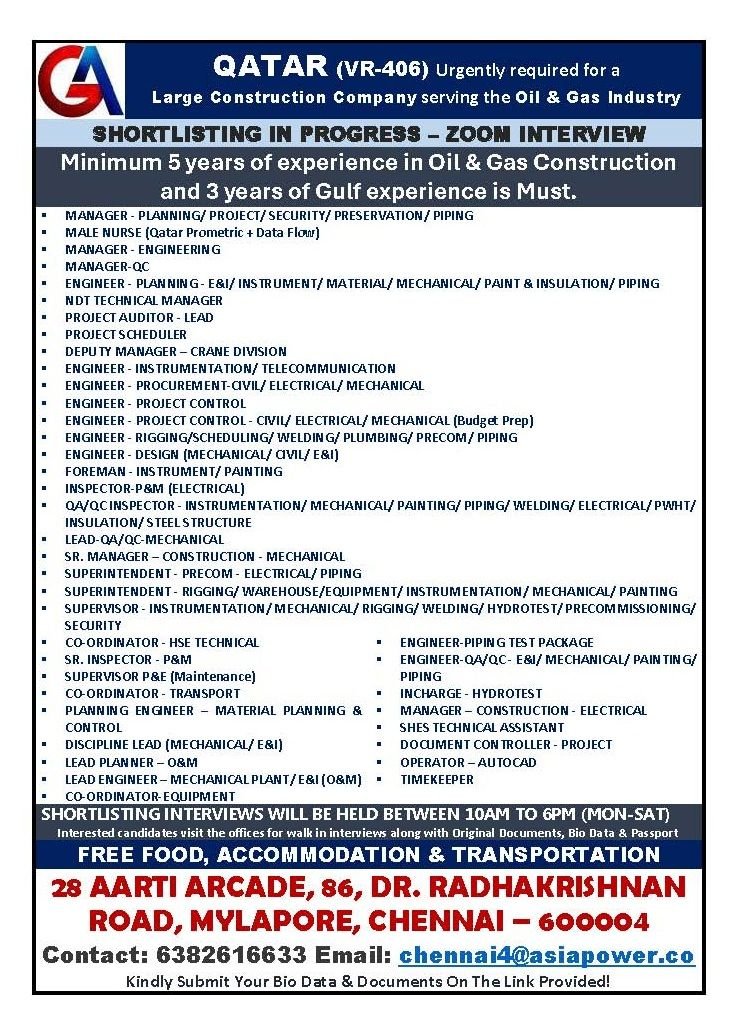 Qatar Oil & Gas Construction Jobs 2026 – Large Construction Company Hiring | Zoom Interview