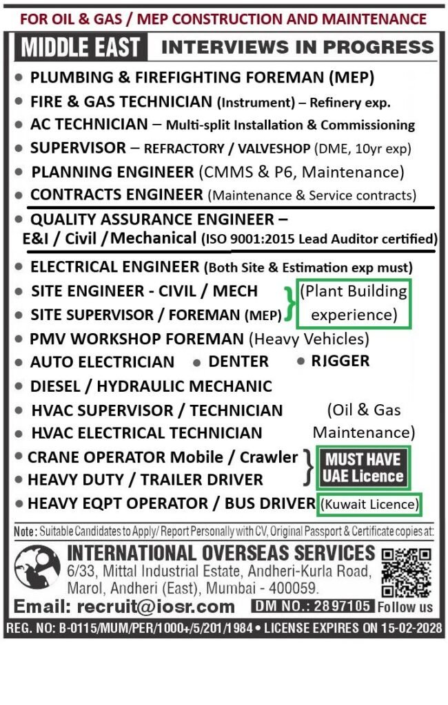 Middle East Oil & Gas / MEP Construction Jobs 2026 – Multiple Vacancies | Interviews in Progress