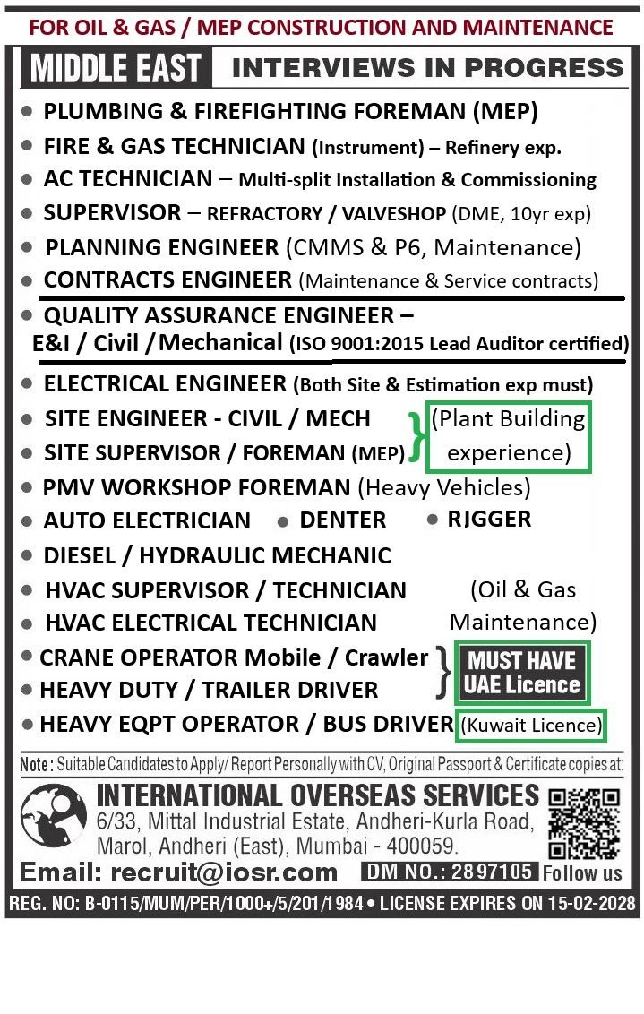 Middle East Oil & Gas / MEP Construction Jobs 2026 – Multiple Vacancies | Interviews in Progress