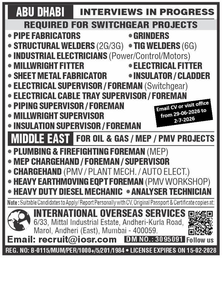 Hiring For Kuwait / UAE for large MEP (Industrial) projects and PMV Workshop.