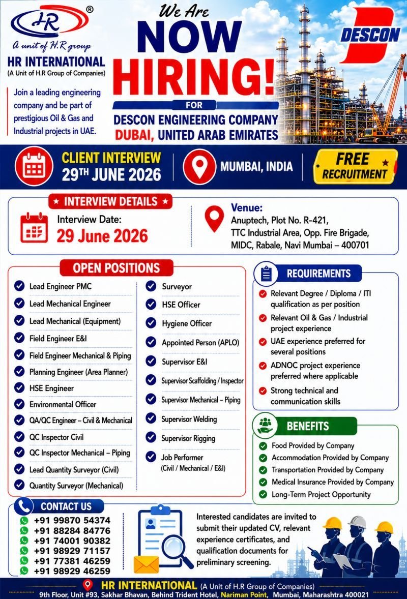 Descon Engineering Company Dubai Jobs 2026 – Engineers, QA/QC, HSE, Surveyors & Supervisors | Free Recruitment