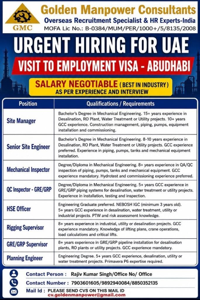 UAE Water Treatment & Utility Project Jobs 2026 | Apply Now