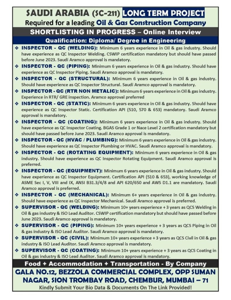 Saudi Arabia Oil & Gas Construction Jobs 2026 – QC Inspector & QC Supervisor Vacancies | Online Interview