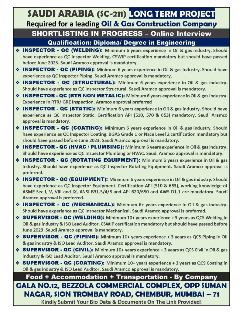 Saudi Arabia Oil & Gas Construction Jobs 2026 – QC Inspector & QC Supervisor Vacancies | Online Interview
