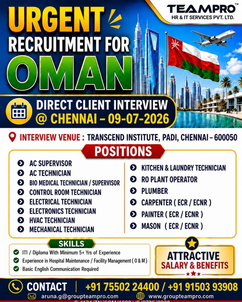 Urgent Recruitment For Oman Reputed Company