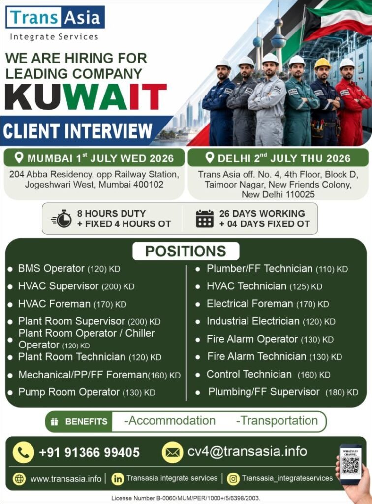 Kuwait Jobs 2026 – HVAC, Electrical, BMS & Plant Room Vacancies | Client Interview