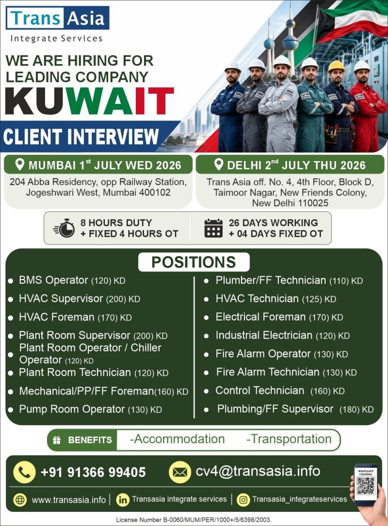 Kuwait Jobs 2026 – HVAC, Electrical, BMS & Plant Room Vacancies | Client Interview
