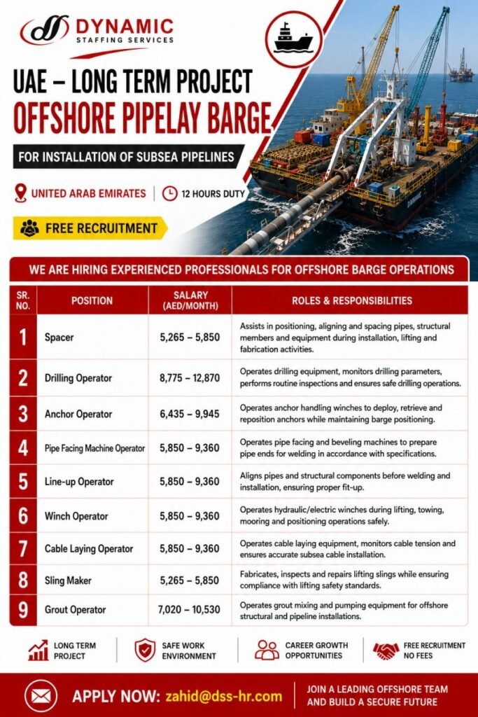 UAE Offshore Pipelay Barge Jobs 2026 – Free Recruitment 