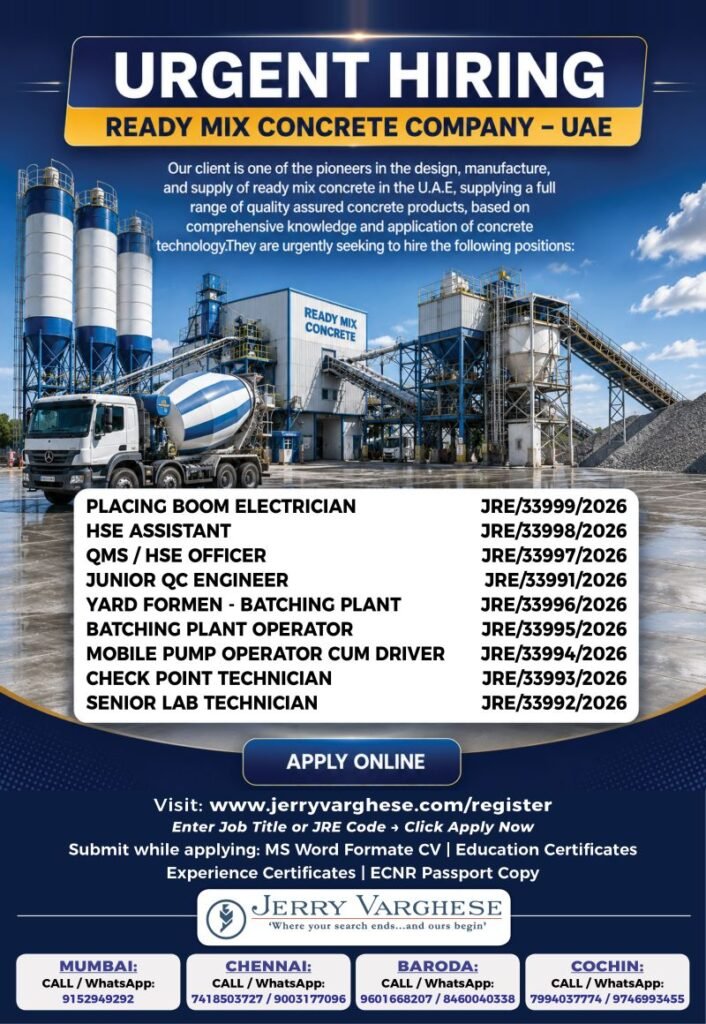 Urgent Hiring for Ready Mix Concrete company - UAE